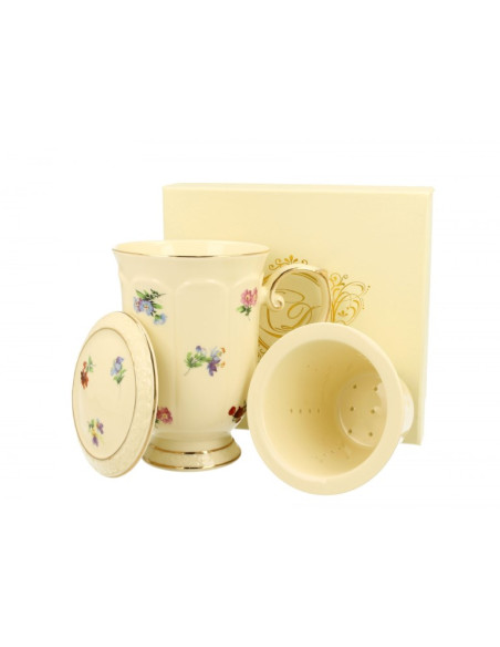 Keramický hrnek s květinami, keramickým sítkem a pokličkou