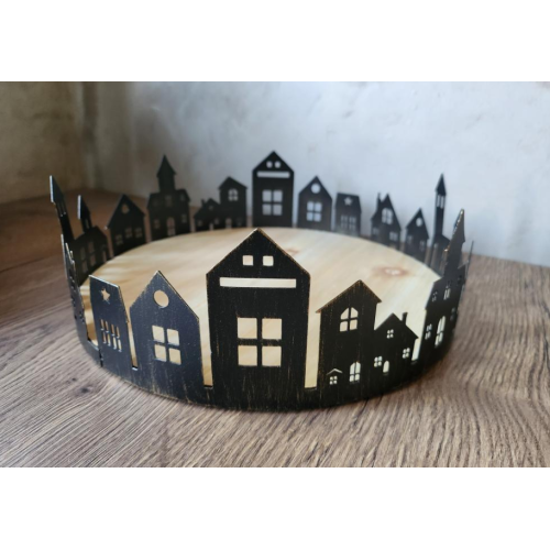 Dekorační podnos - městečko, černý, průměr 27,5cm