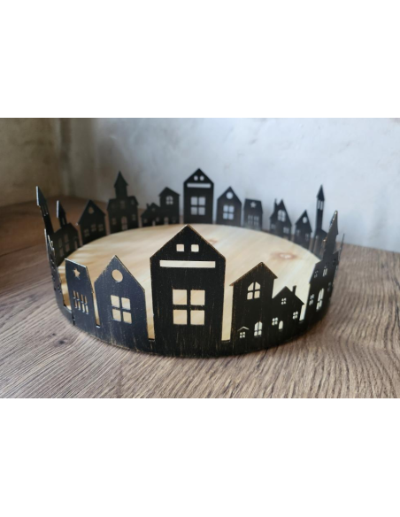 Dekorační podnos - městečko, černý, průměr 27,5cm