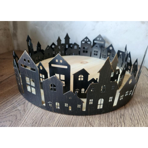 Dekorační podnos - městečko, černý, průměr 27,5cm
