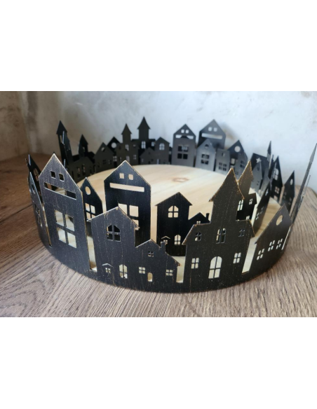 Dekorační podnos - městečko, černý, průměr 34cm
